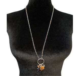 Halloween Necklace Earrings Set Silver Tone Spider Web Skeleton Pumpkin